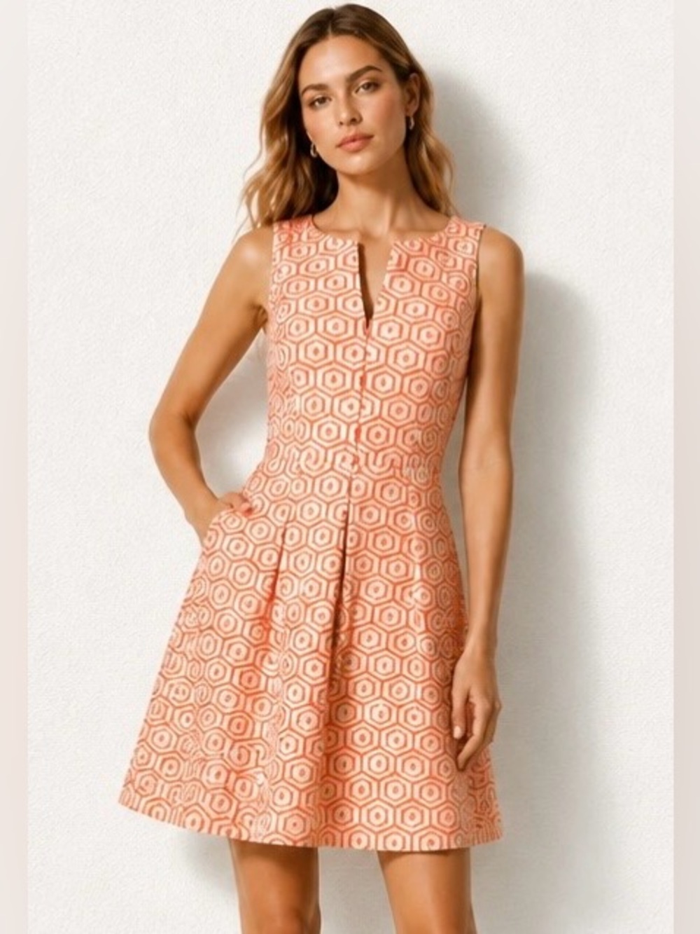 TRINA TURK Dress Jacquard Pleated Sleeveless Fit Flare Orange White V Neckline 6